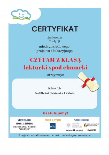 Certyfikat  za udział w programie czytelniczym dla kl.1b 